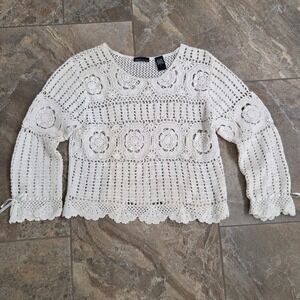Moda International Crochet Knit Sweater Top Bell Sleeve Sheer‎ Boho Cream L